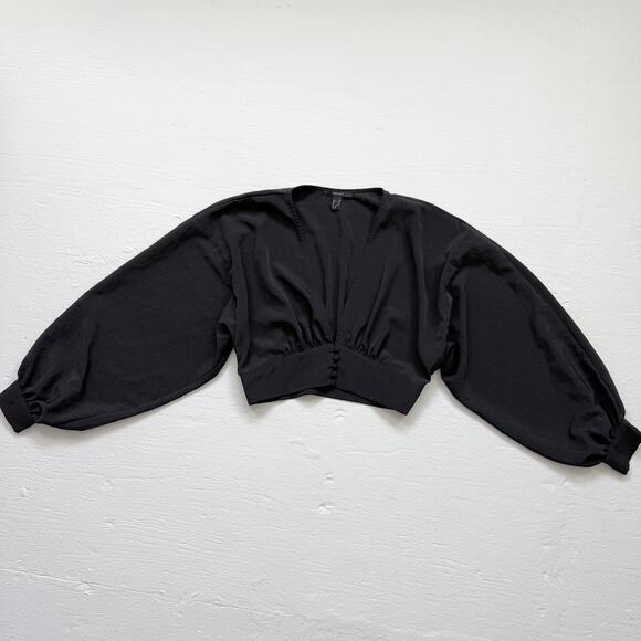 Forever 21 Black Satin V-Neck Balloon Sleeve Crop Top, Size Medium - Picture 1 of 8